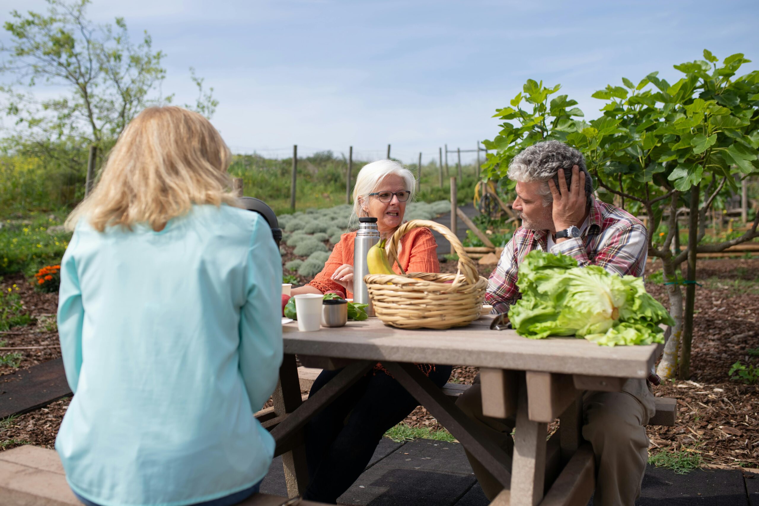 adults eating outdoors at a picnic table